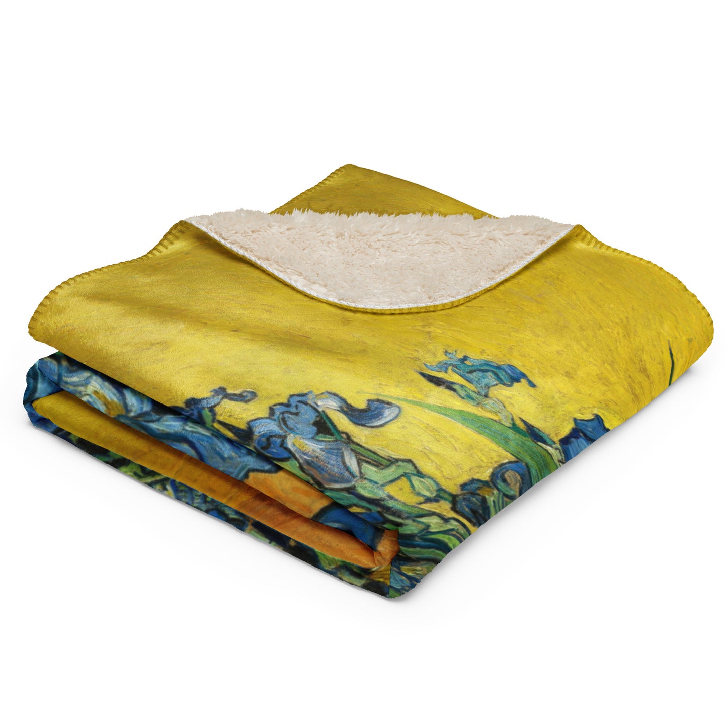 Vase with Irises Against a Yellow Background - Sherpa Throw Blanket