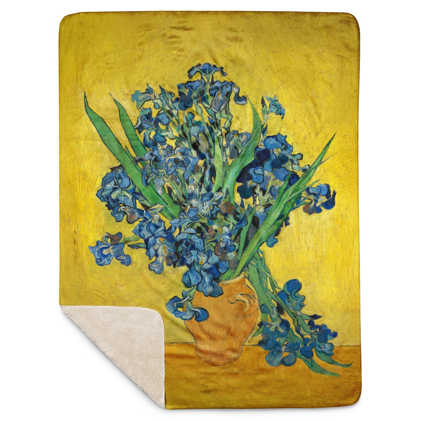 Vase with Irises Against a Yellow Background - Sherpa Throw Blanket
