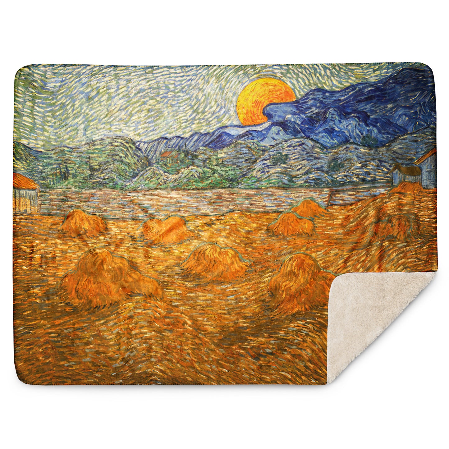 Landscape with Wheat Sheaves and Rising Moon - Sherpa Throw Blanket