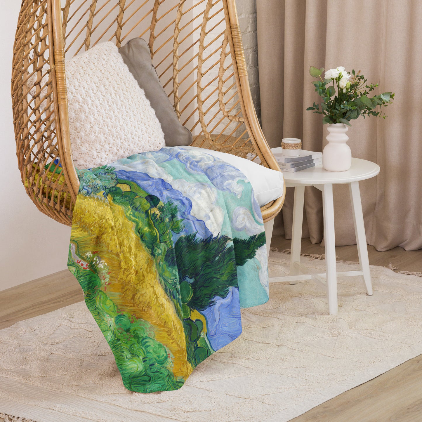 Wheat Field with Cypresses - Sherpa Throw Blanket