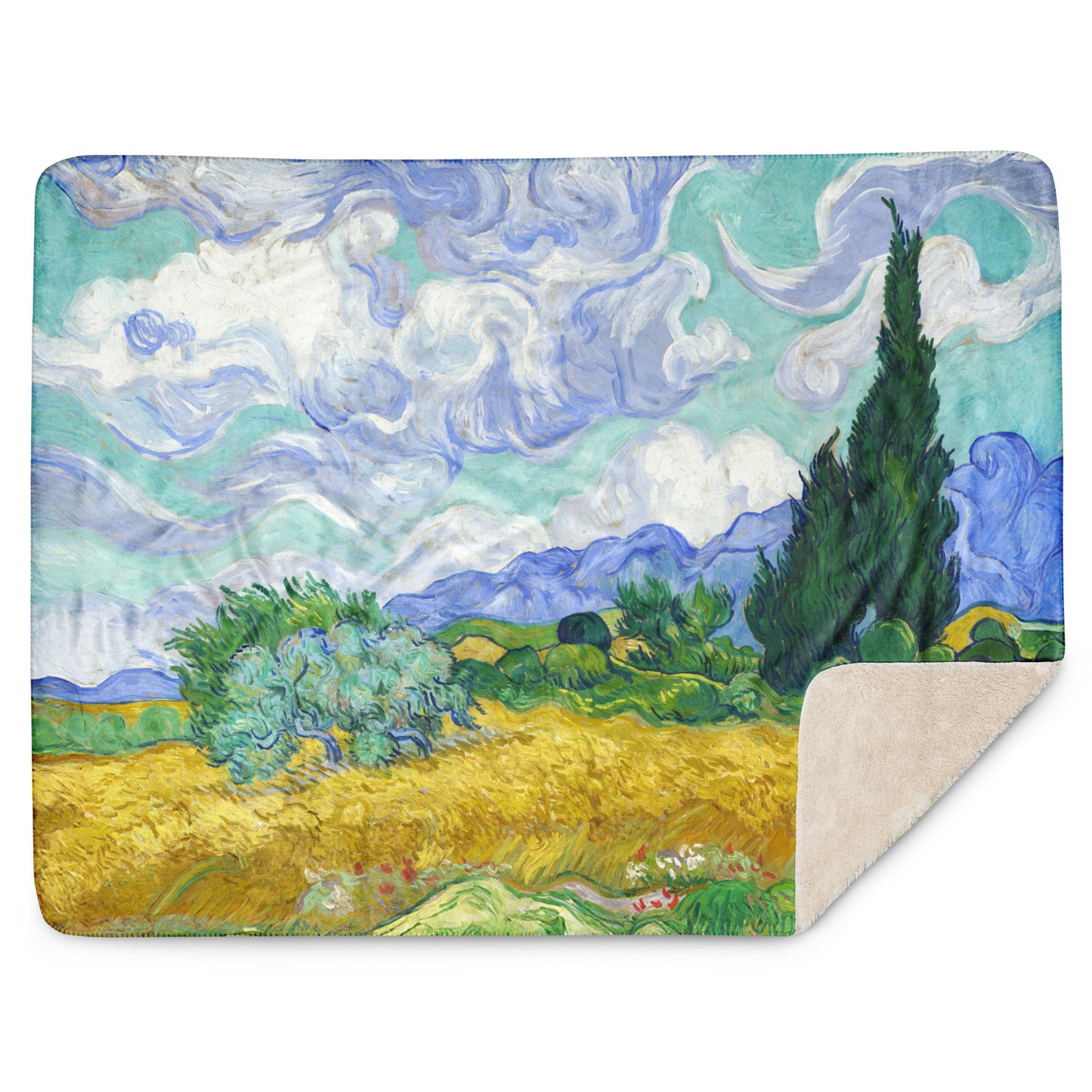 Wheat Field with Cypresses - Sherpa Throw Blanket