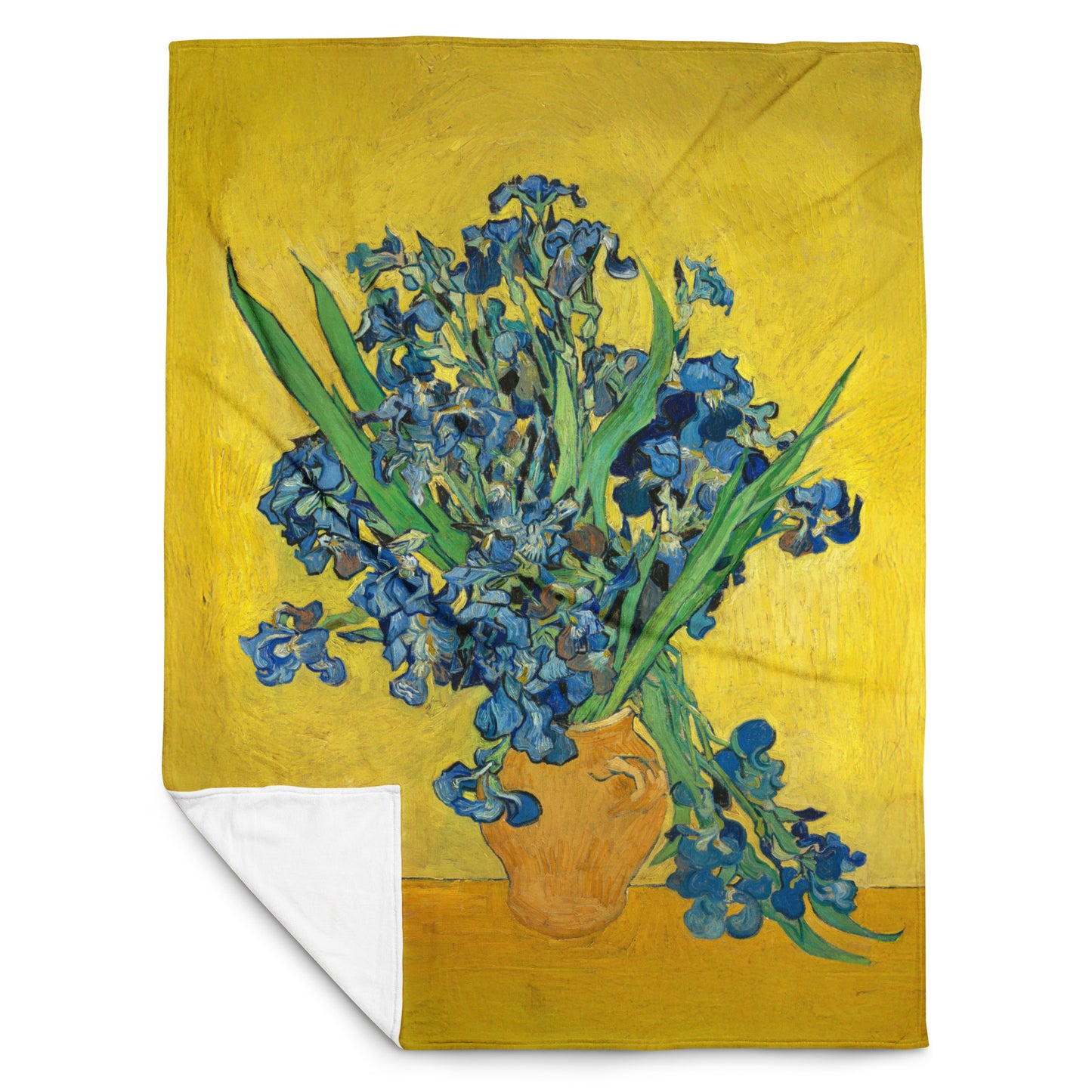 Vase with Irises Against a Yellow Background - Fleece Throw Blanket