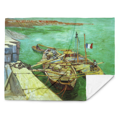 Quay with Men Unloading Sand Barges - Fleece Throw Blanket