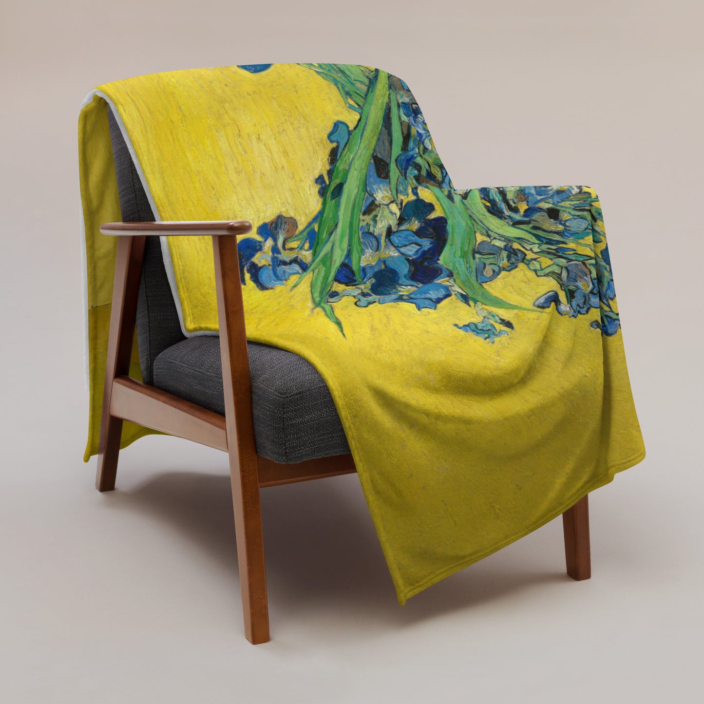 Vase with Irises Against a Yellow Background - Fleece Throw Blanket
