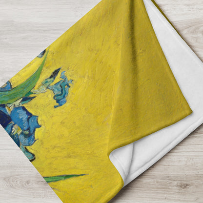 Vase with Irises Against a Yellow Background - Fleece Throw Blanket